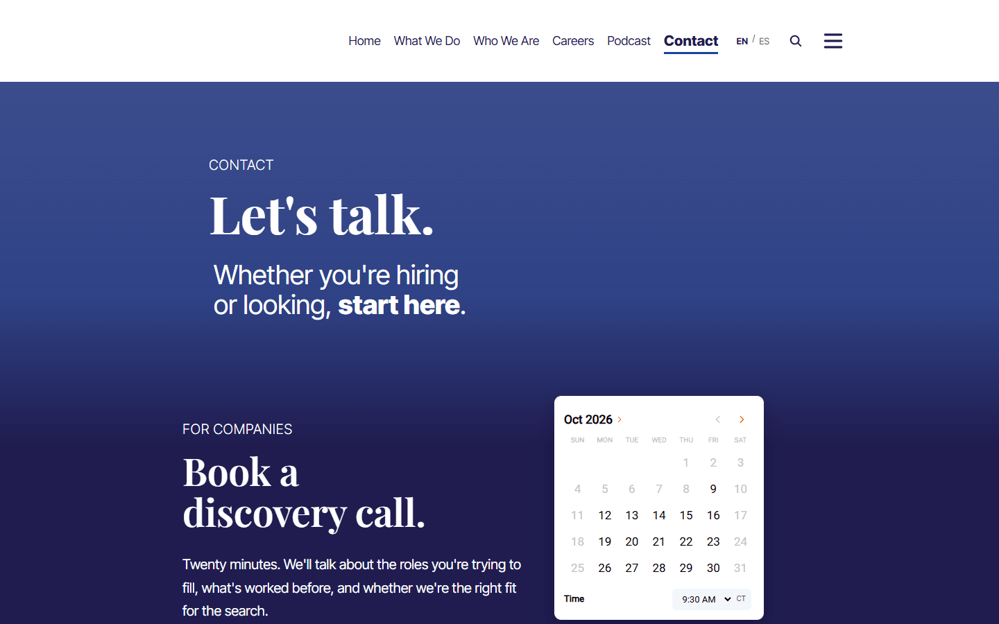 Contact page with the calendar where a company books a call