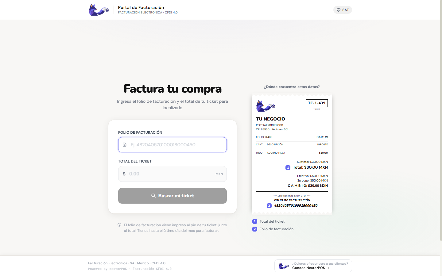 Página principal de Portal de facturación de Nestor POS