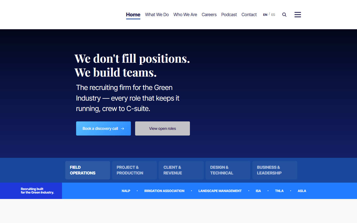 Home page of the recruiting agency's website, with the headline and the buttons to book a call and view open roles